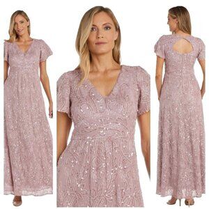 R & M Richards Sequin Gown 12 Mauve Pink Formal Wedding Guest Gala NEW